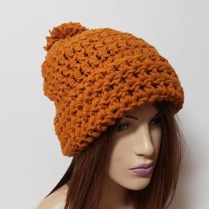 Chunky Mustard Crochet Beanie with Pom Pom, Hats